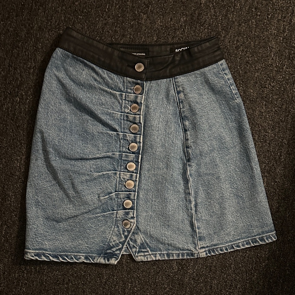 Social Tourist Denim Mini Skirt with Black Waistband